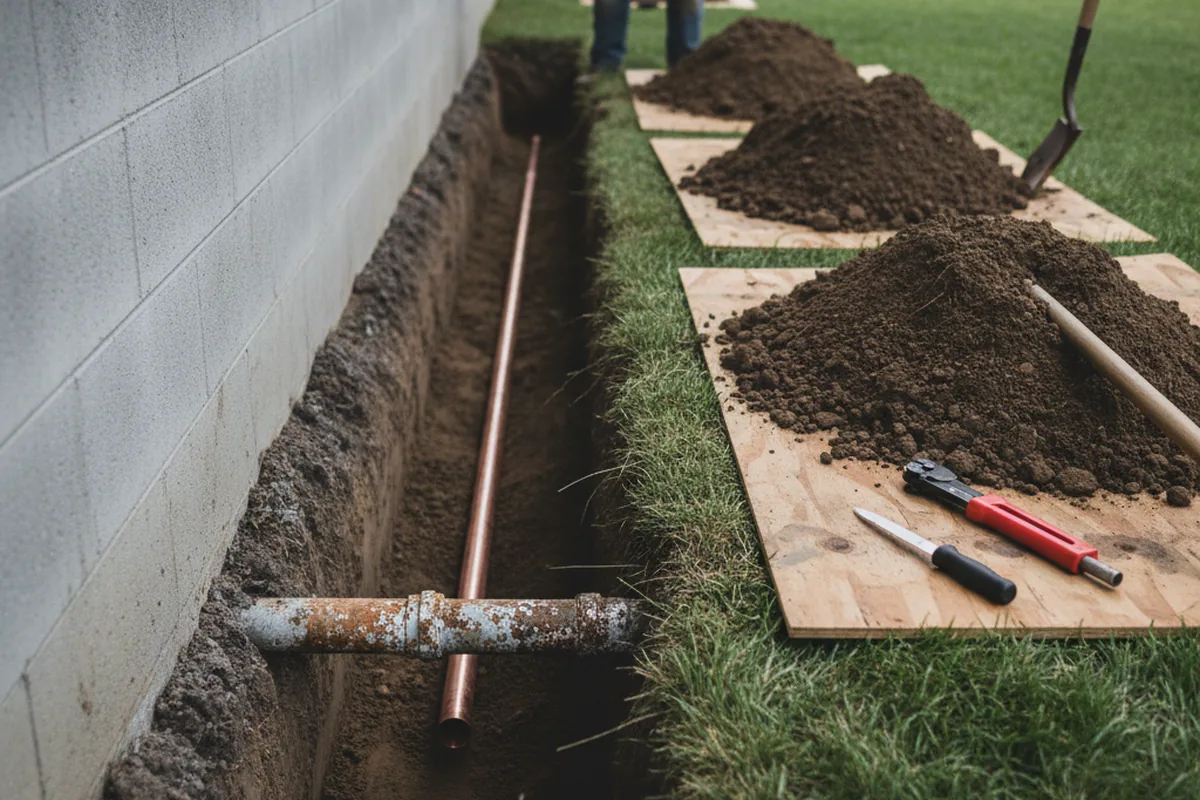 Excavated water line trench during Sewer Line Repair in San Ysidro